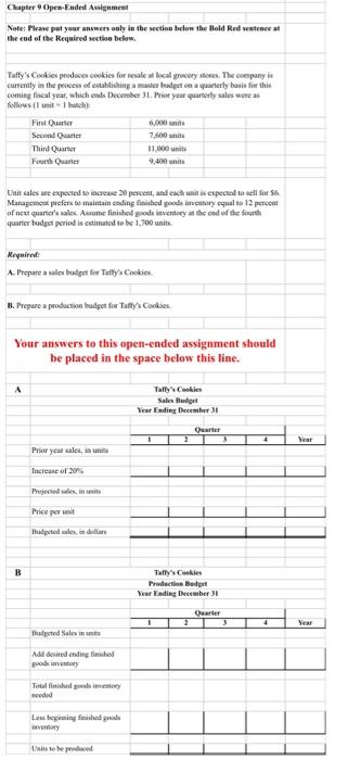  Chapter 9 Open Ended Assignment Note: Plaw put your answers only