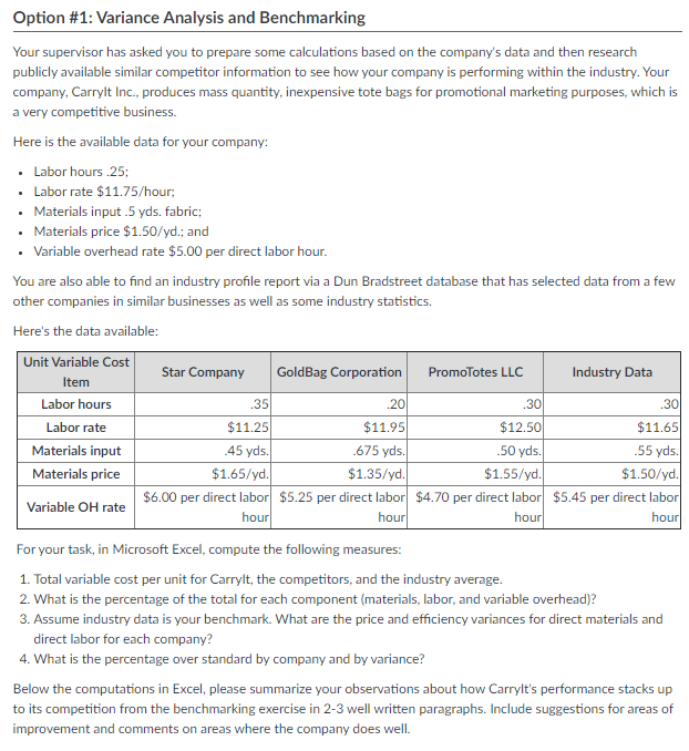  Option #1: Variance Analysis and Benchmarking Your supervisor has asked you