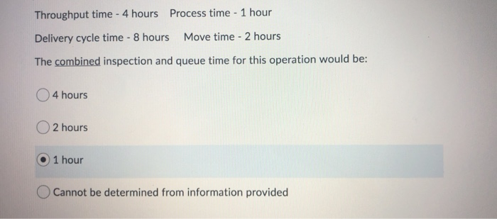  Throughput time - 4 hours Process time - 1 hour Delivery