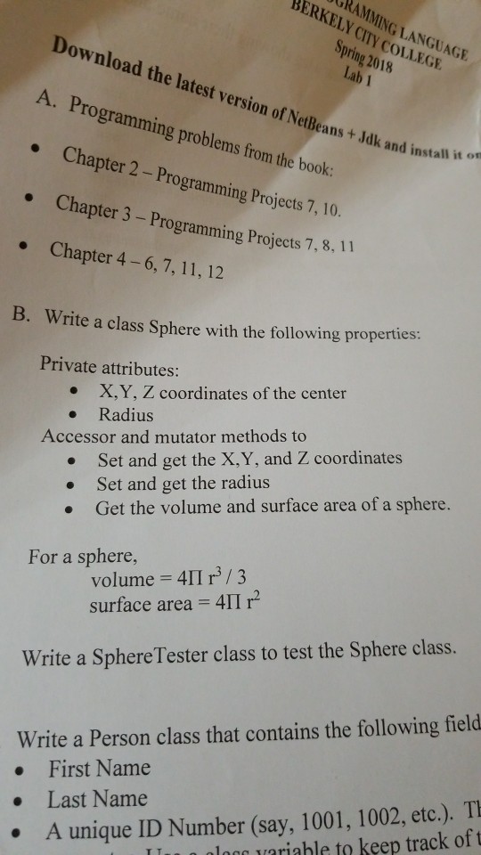  java programming question B write in two class BERKELY CITY COLLEGE