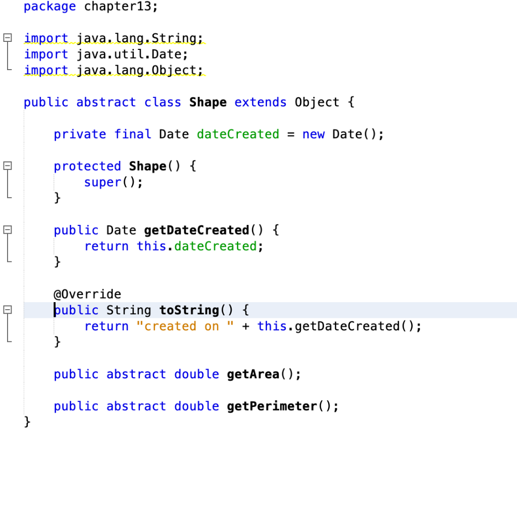 Design a Triangle class that extends the attached Shape class. Run the