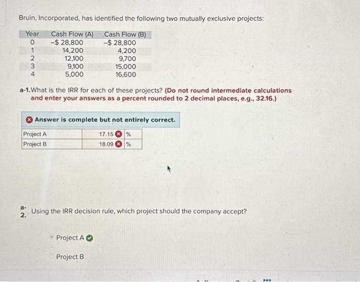  Bruin, Incorporated, has identified the following two mutually exclusive projects: a-1.What