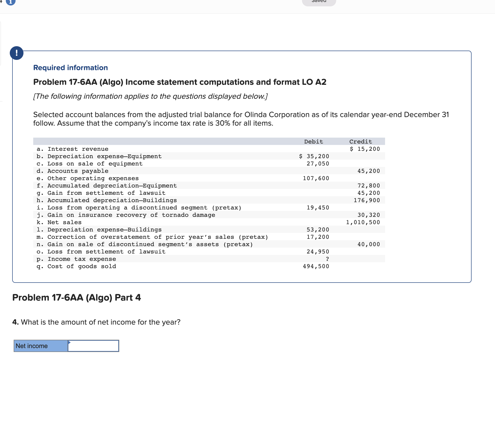 Problem 17-6AA (Algo) Income statement computations and format LO A2 [The