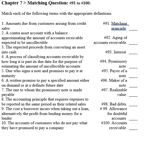  Chapter 7 > Matching Question: #91 to #100: Match each of