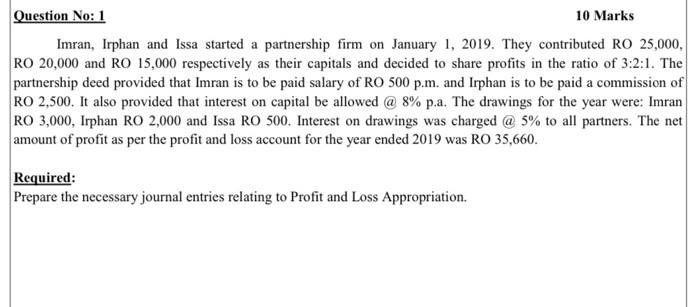  Question No:1 10 Marks Imran, Irphan and Issa started a partnership