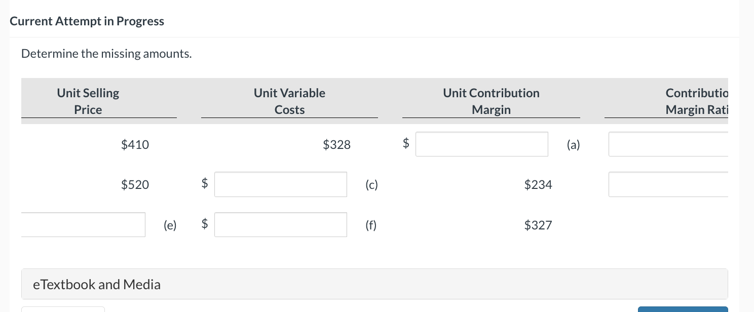  Current Attempt in Progress Determine the missing amounts: eTextbook and MediaCurrent