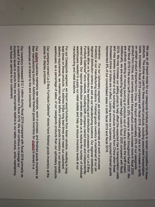 materials that are included in La-z-Boy's Raw Materials inventory A. B. C.