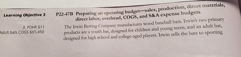  Learning Objective 3 P22-47B Preparing an operating budget-sales, production, direct labor,