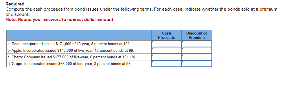  Required Compute the cash proceeds from bond issues under the following