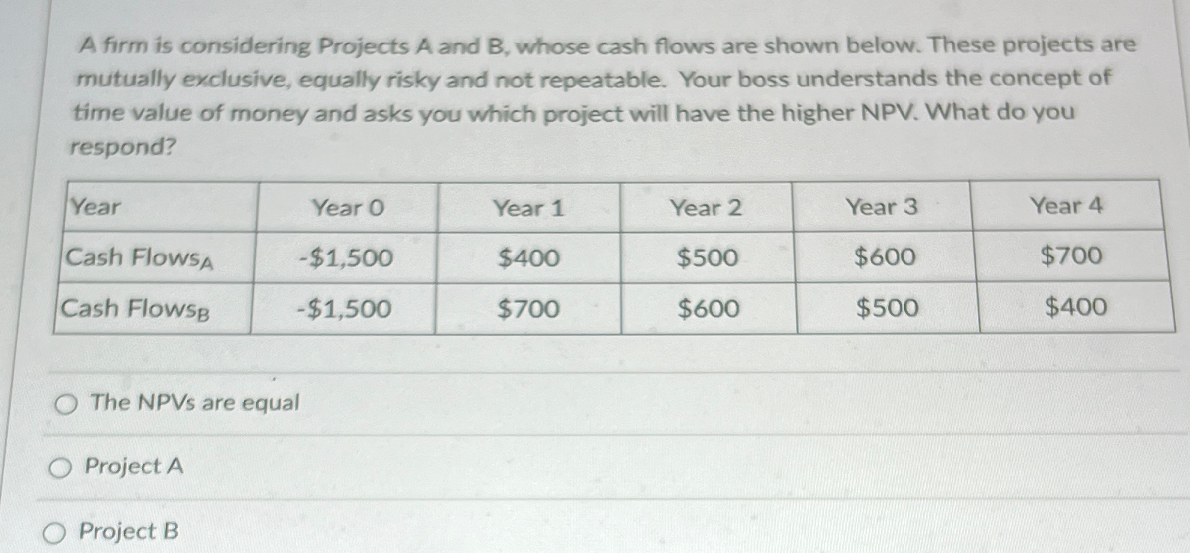 A firm is considering Projects A and B, whose cash flows
