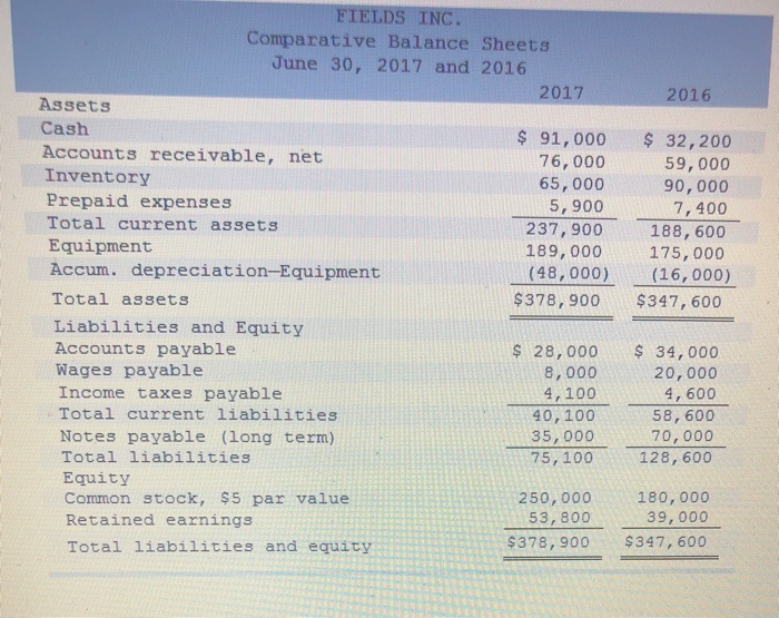  FIELDS INC. Comparative Balance Sheets June 30, 2017 and 2016 2017