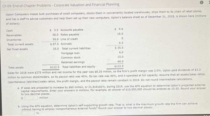 help Ch 09: End-of-Chapter Problems - Corporate Valuation and Financial Planning Upton