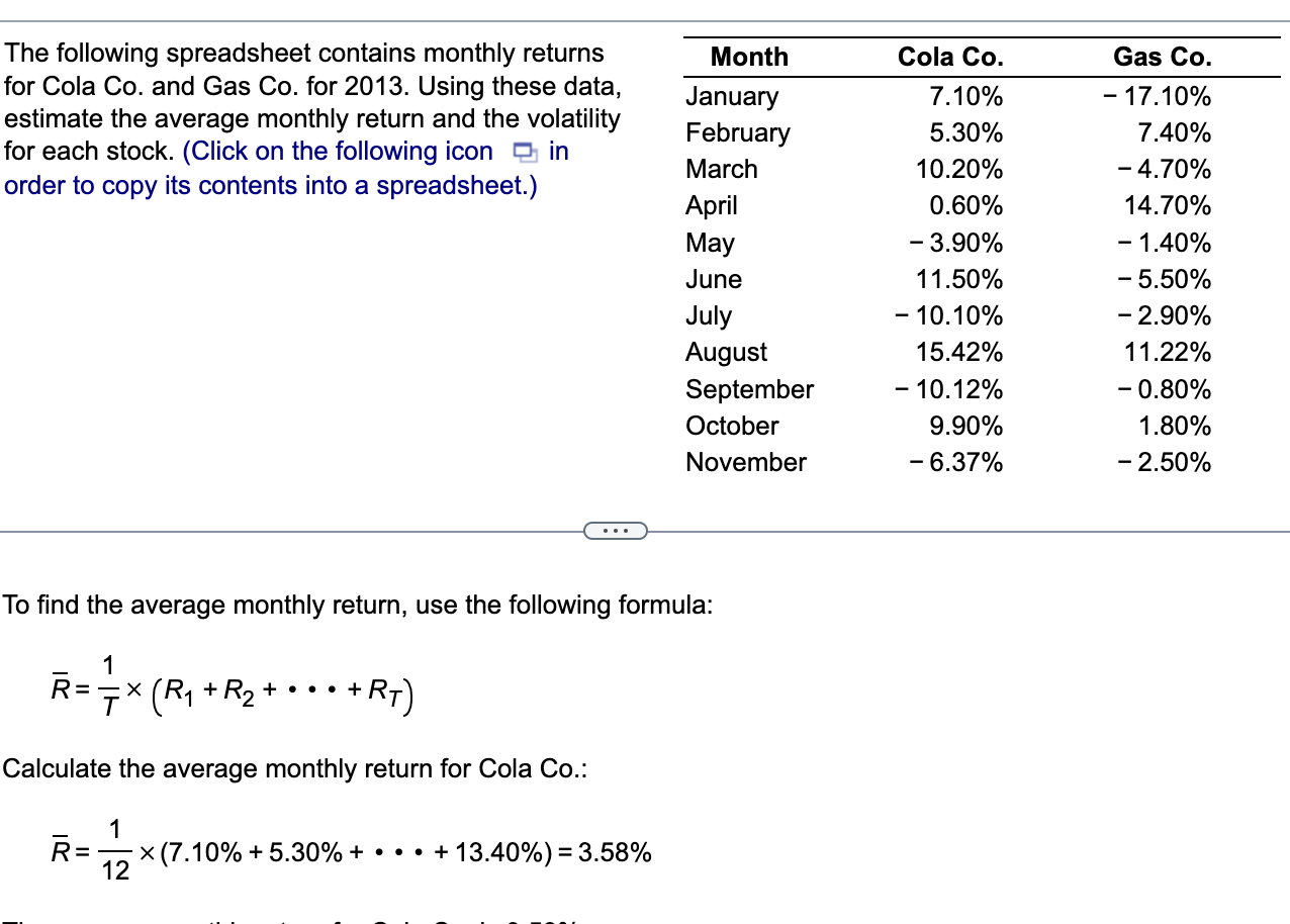 returns for Cola Co. and Gas Co. for 2013. Using these data,