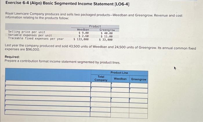  Exercise 6-4 (Algo) Basic Segmented Income Statement [LO6-4] Royal Lawncare Company