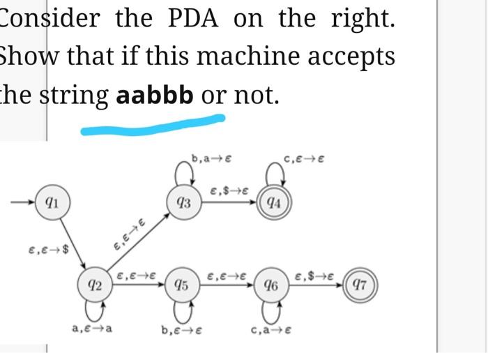 the right Show that if this machine accepts the string aabbb or