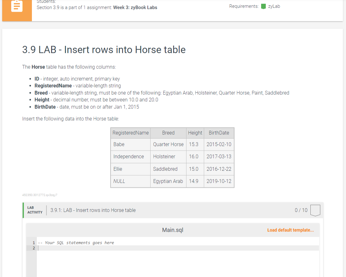 3.9 LAB - Insert rows into Horse table The Horse table