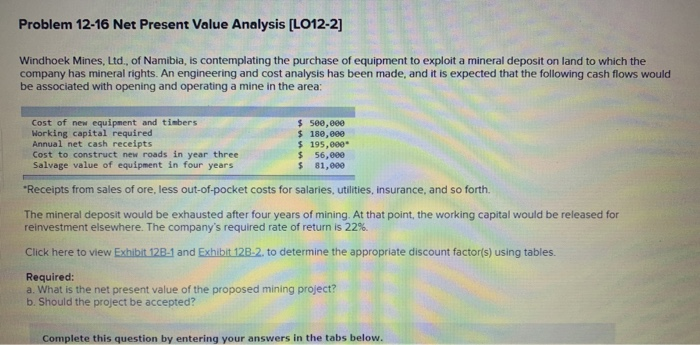  Problem 12-16 Net Present Value Analysis [LO12-2] Windhoek Mines, Ltd., of