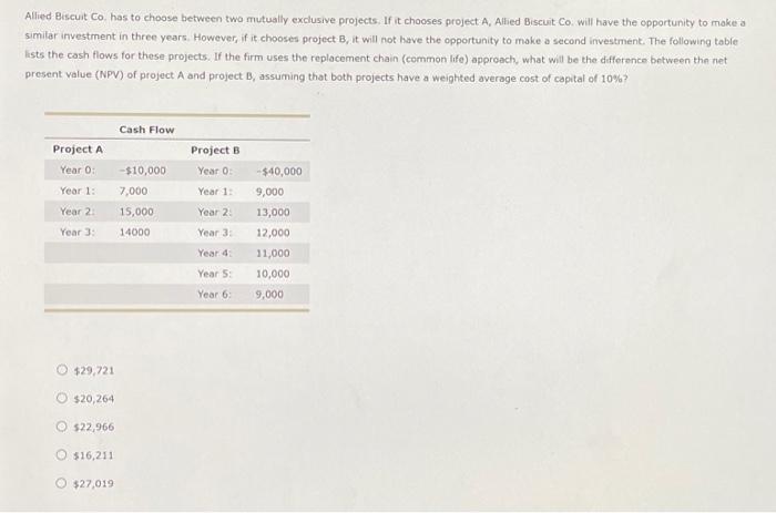  Allied Biscuit Co, has to choose between two mutually exclusive projects,