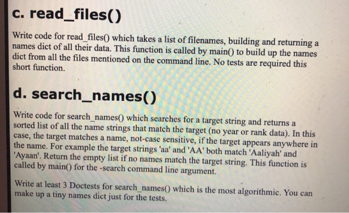  Programming language - python c. read_files() Write code for read_files() which
