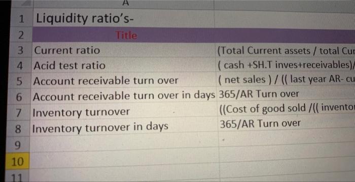 on each liquidity ratio hello i want to find the liquidity of