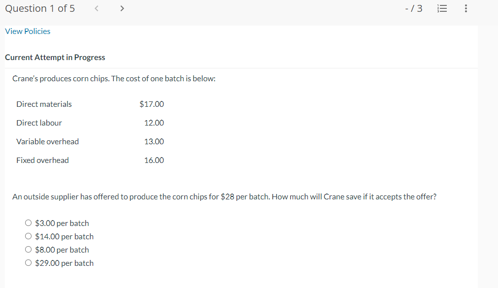  Current Attempt in Progress Crane's produces corn chips. The cost of