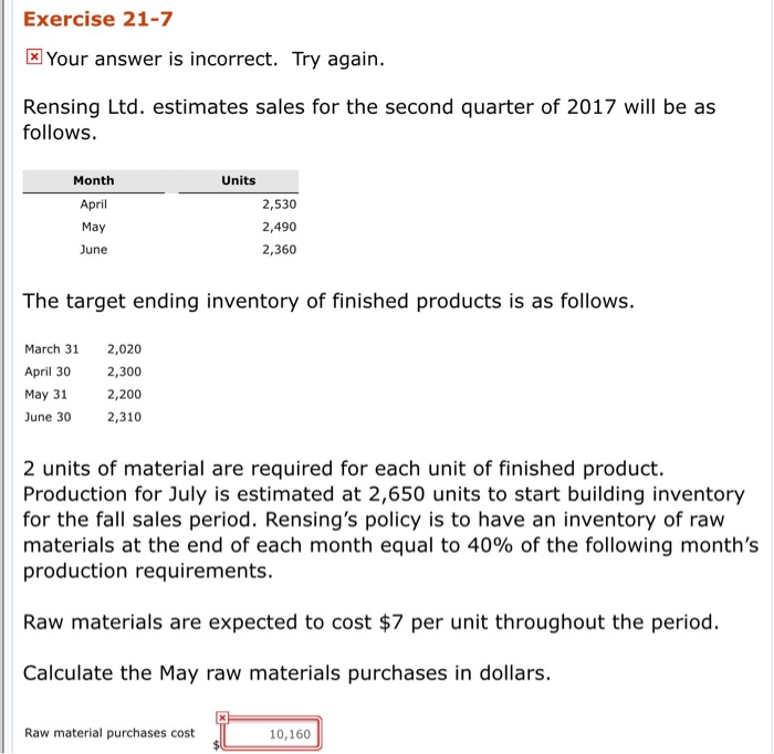 Please help, due tonight! Exercise 21-7 Your answer is incorrect. Try again.