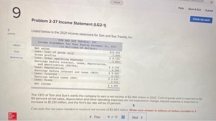  Saved Help Save & Exit Submit 9 Problem 2-37 Income Statement