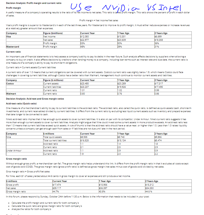  use Nvidia vs Intel Decision Analysis: Profit margin and current ratio