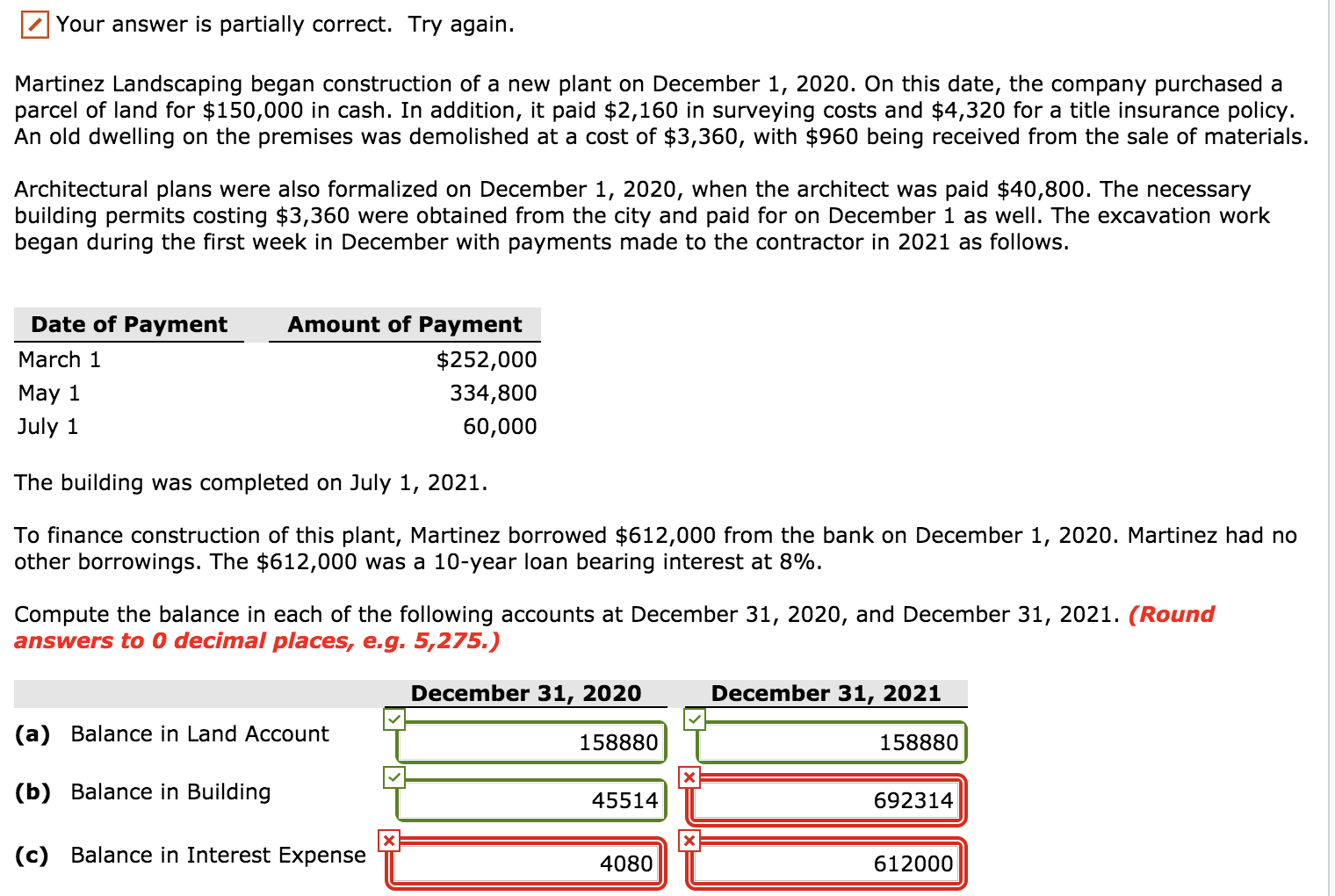 Your answer is partially correct. Try again. Martinez Landscaping began construction