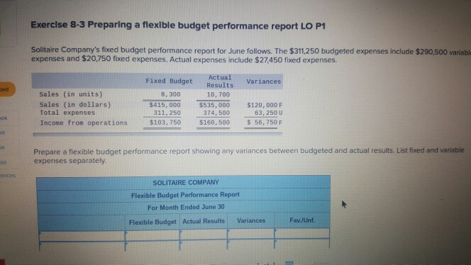  Exerclse 8-3 Preparing a flexible budget performance report LO P1 Solitaire