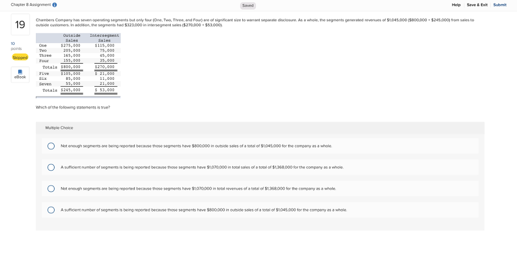 Chapter 8 Assignment 6 Saved Help Save &Exit Submit Chambers Company