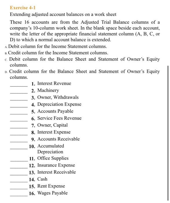 Exercise 4-1 Extending adjusted account balances on a work sheet These