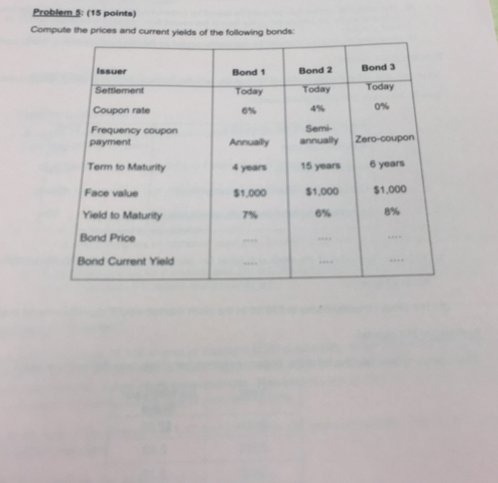  Problem 5(15 points) Compute the prices and current yields of the