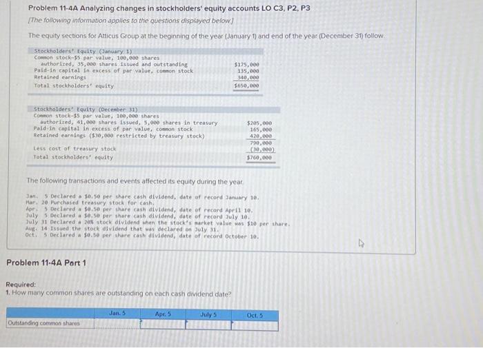  Problem 11-4A Analyzing changes in stockholders equity accounts LO C3, P2,