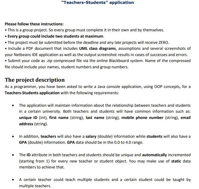 i need code for this project ( java). "Teachers-Students" application Please follow