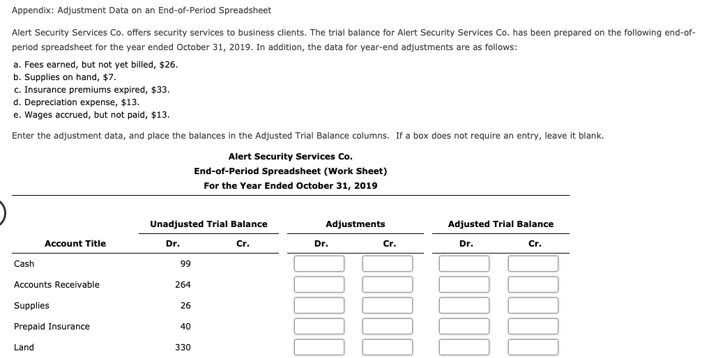 1) 2) Appendix: Adjustment Data on an End-of-Period Spreadsheet Alert Security Services