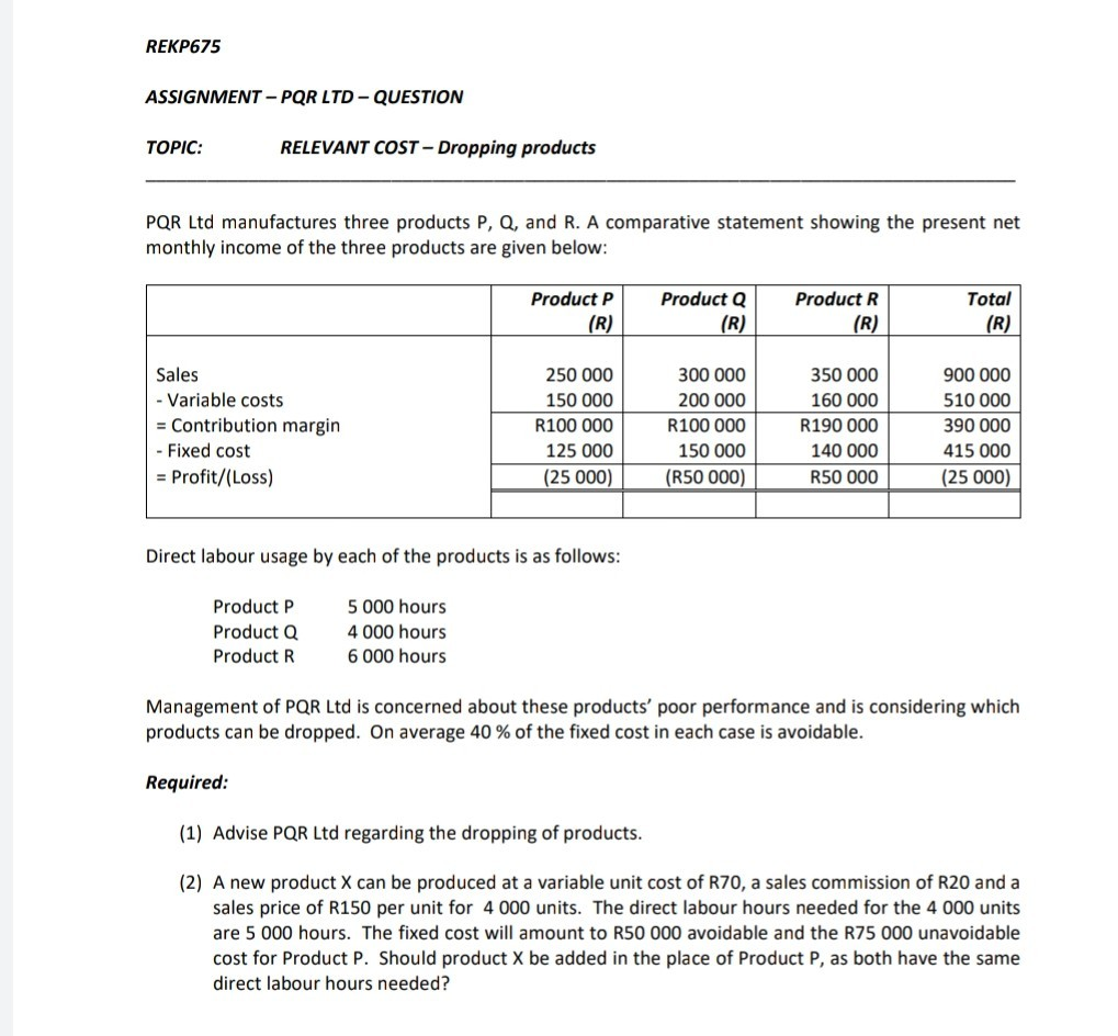 REKP675 ASSIGNMENT - PQR LTD - QUESTION TOPIC: RELEVANT COST -