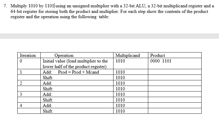  7. Multiply 1010 by 1101using an unsigned multiplier with a 32-bit