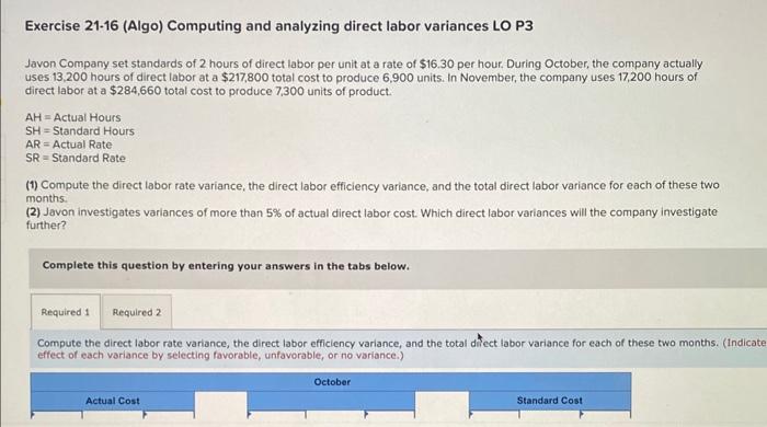  Exercise 21-16 (Algo) Computing and analyzing direct labor variances LO P3