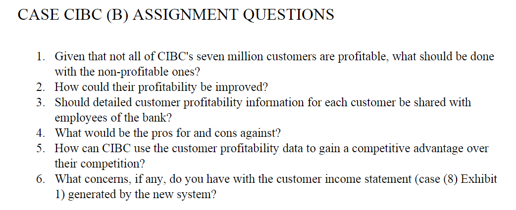 CASE CIBC (B) ASSIGNMENT QUESTIONS 1. Given that not all of