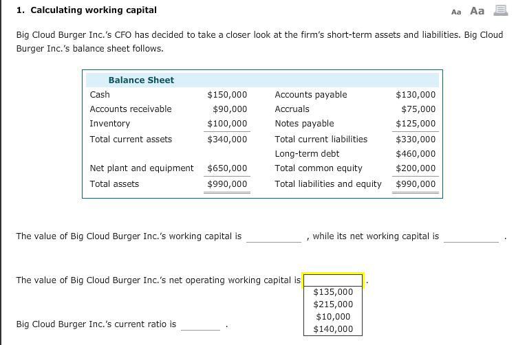 assets and liabilities. Big Cloud Burger Inc.'s balance sheet follows. Balance Sheet