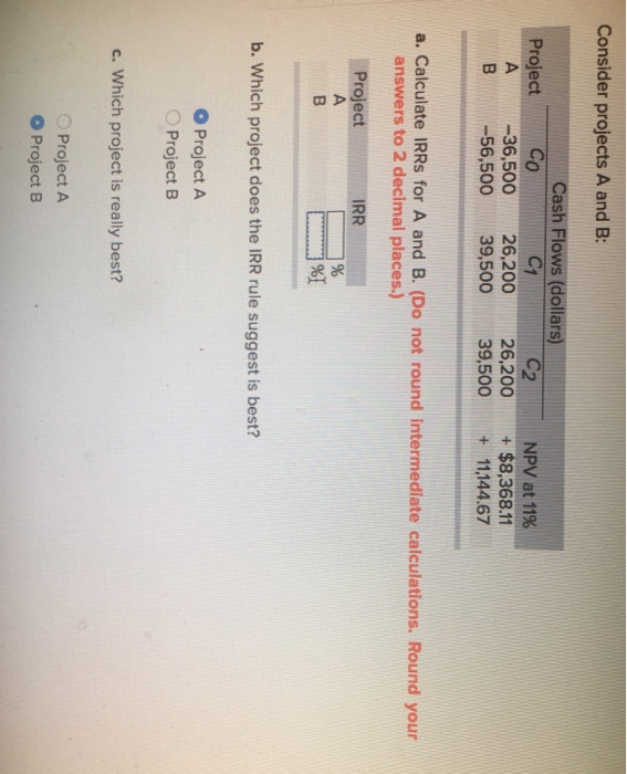  Consider projects A and B: Cash Flows (dollars) ProjectCo C2 NPV
