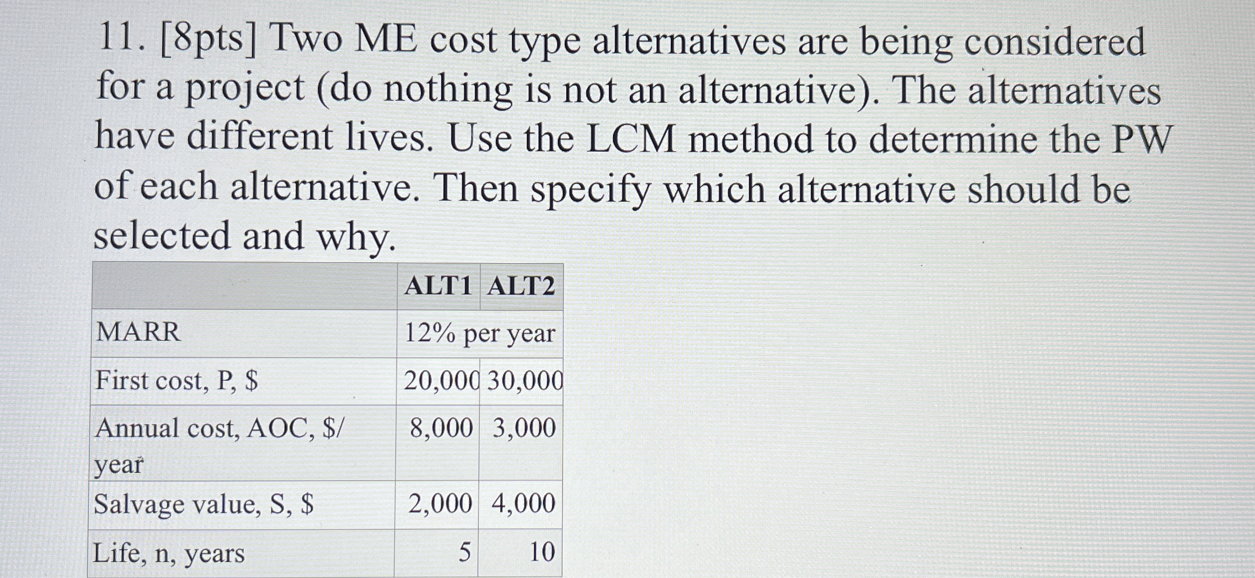  [8pts] Two ME cost type alternatives are being considered for a