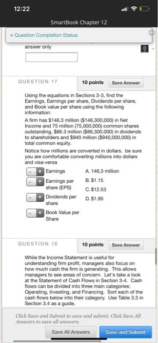  12:22 SmartBook Chapter 12 Question Completion Status: answer only QUESTION 17