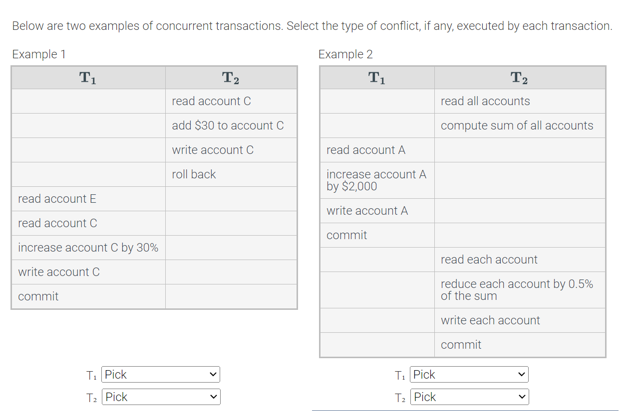  Below are two examples of concurrent transactions. Select the type of
