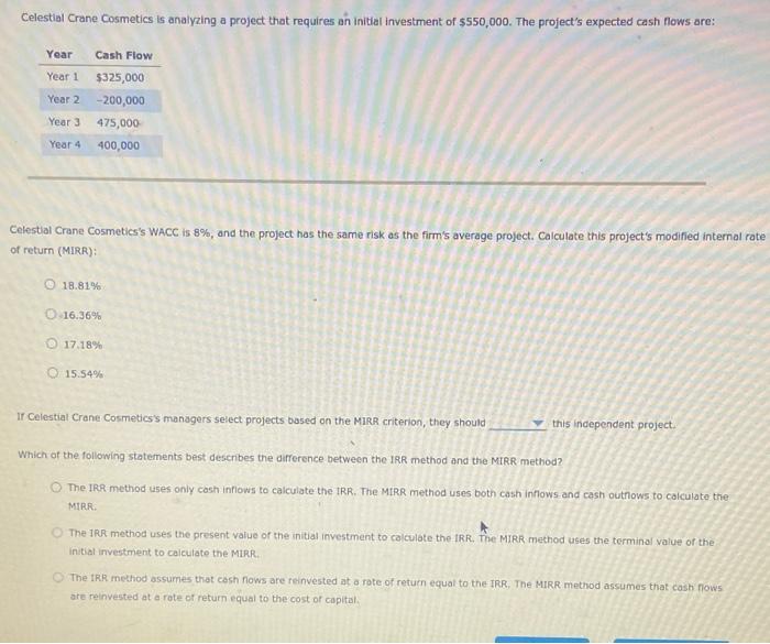  Celestial Crane Cosmetics is analyzing a project that requires an initial