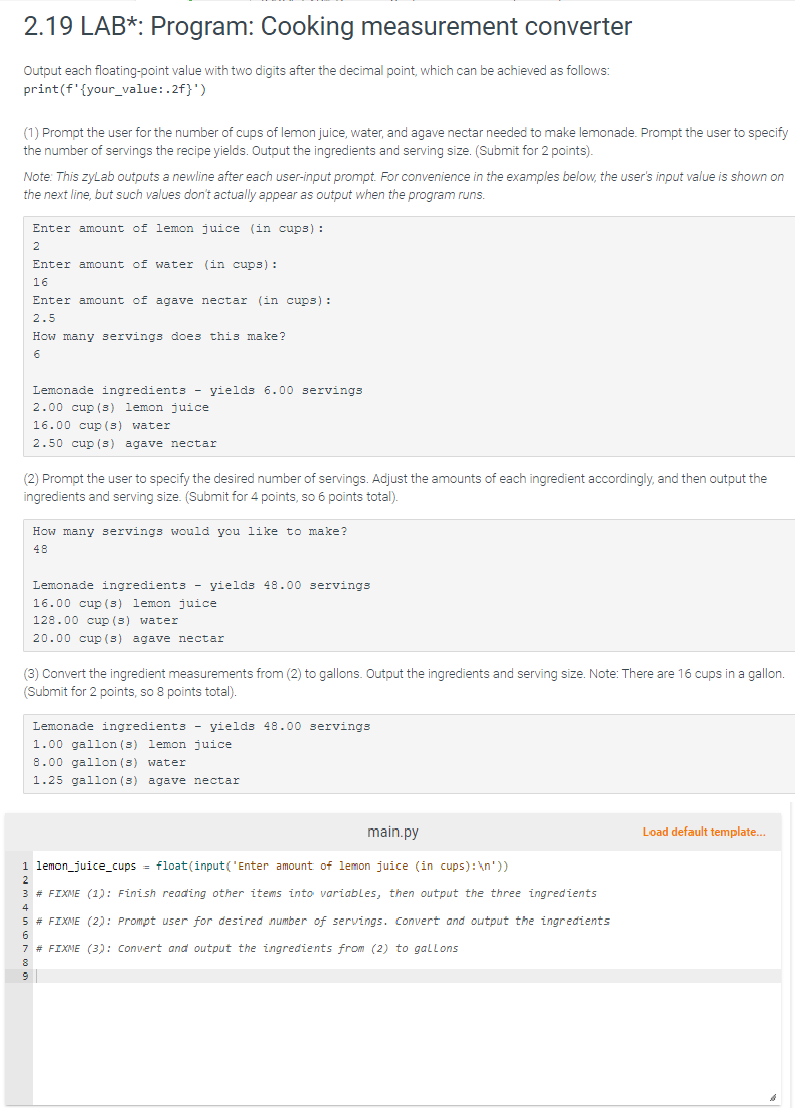  2.19 LAB*: Program: Cooking measurement converter Output each floating-point value with