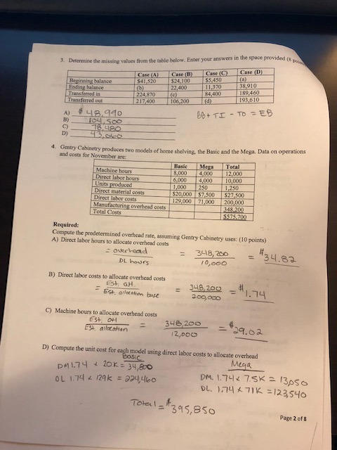  3. Determine the missing values from the table below. Enter your