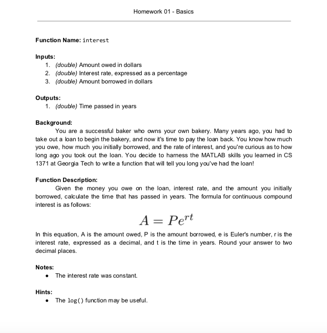 Homework 01- Basics Function Name: interest Inputs 1. (double) Amount owed