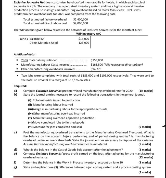 work PART 1 (25 marks) Exclusive Souvenirs Hut does customize, hand-crafted memorabilia